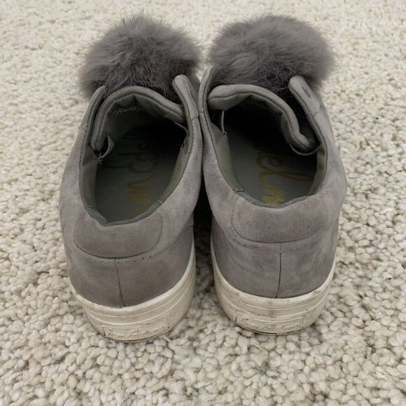 Sam Edelman Shoes Womens 6.5 LEYA Gray Suede Leather Pom Pom Fur Slip-On Sneaker - Picture 6 of 7